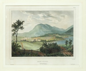 LOUIS AUGUSTE DE SAINSON (1800-1887), New-Town, Ile Van Diemen, hand-coloured engraving, housed in Tasmanian huon pine frame, 28 x 35cm, 61 x 64 cm overall.