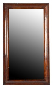 ROBIN HOOD picture framer and carver, antique Tasmanian musk ogee moulded picture frame housing a later plate glass bevelled mirror, remains of original label verso, mid 19th century, 91cm high, 51cm wide.