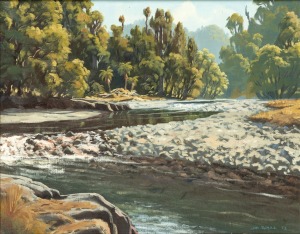 JOHN RUNDLE (1934-2014), The Waitewaewae River, Tararua Range, oil on canvas board, signed lower right "John Rundle, '73", ​​​​​​​40 x 50cm, 57 x 67cm overall.