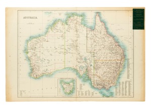 Group of window-mounted maps, comprising c. 1886 John Sands "Map of Cumberland" and "Map of the Counties of Cumberland, Bathurst, Westmoreland, Cook, Georgiana, Camden", together with c. 1890 anonymous "Australia"; the largest 57 x 46cm. (3 items)