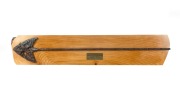 An antique whale harpoon in relic condition, mounted on a timber board with affixed label stating "Double Flue Whaling iron (relic) Excavated from whaling station, Port Davey, Tasmania, 2010. Whaling Station closed 1845, Missing pole cone", 107cm long ove