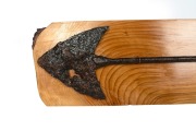 An antique whale harpoon in relic condition, mounted on a timber board with affixed label stating "Double Flue Whaling iron (relic) Excavated from whaling station, Port Davey, Tasmania, 2010. Whaling Station closed 1845, Missing pole cone", 107cm long ove - 2