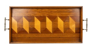 A vintage Australian timber serving tray with parquetry inlay and nickel plated handles, early 20th century, 67cm across the handles.