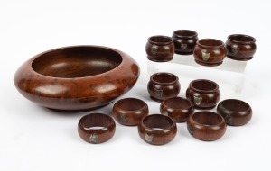 Australian blackwood napkin rings with applied silver Tasmanian maps; together with a turned blackwood bowl, 20th century, (13 items), the bowl 19cm diameter.