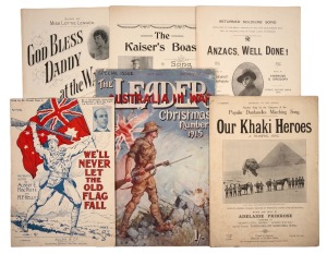 Group of five 1910s music sheets, including titles "Anzacs, Well Done!", "Our Khaki Heroes", and "We'll Never Let The Old Flag Fall", together with 1915 December 25th special issue of periodical "The Leader - Australia In War", plus three original photogr