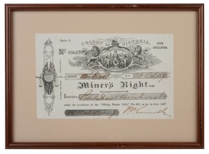 "MINER'S RIGHT - COLONY OF VICTORIA" 5 shillings, issued to ROBERT SHAW of Amherst, October, 1876. Framed and glazed, 23 x 31cm overall.