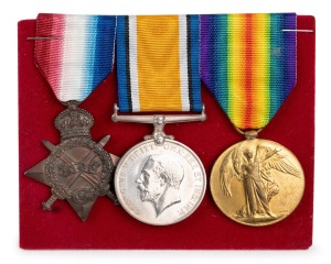 WWI group of three British military medals, engraved "3415 PTE. F. J. Smith. 9-Lond. R."; together with assorted research notes stating that he was wounded on the 1st of August, 1916.