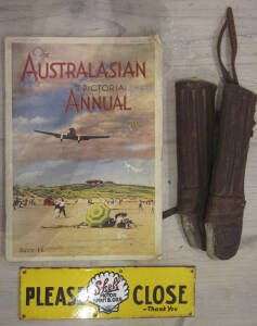 Remains of collection: Shell Oil tin sign; vintage leather shin guards; "DUNLOP CYCLE TYRES" advertisement c1950s (50x37cm) & 2 editions of "The Australasian" journal c1936 &1938.