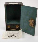 An antique strongbox with applied silver finished British coat of arms, with original key, accompanied by a birthday note dated 1909, 19th/20th century, 26cm high, 16cm wide, 12cm deep. - 2
