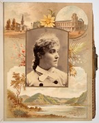 An antique photo album containing 70+ carte-de-visite and cabinet cards, attractively displayed in gilt embossed leather album depicting the law courts of Melbourne on the cover, with numerous colour lithograph pictorial pages representing various colonie - 3