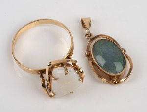 A vintage 9ct gold and solid white opal ring, together with a 10ct gold an opal triplet pendant, 20th century, (2 items), ​​​​​​​4 grams total.