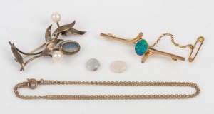 A 9ct gold and opal brooch (3.3 grams), two polished solid opals, a silver gilt brooch with pearls and opal, plus a gold plated chain, (5 items).