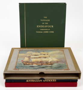"First Fleet to Federation - Australian Antiques" by Simpson, Fahy, Hawkins, et al. [1977 leather bound Limited edition, 62/100, signed]; in National Trust slipcase; together with a 1969 facsimile reprint of Cook's "Voyage of the Endeavour" (in slipcase).
