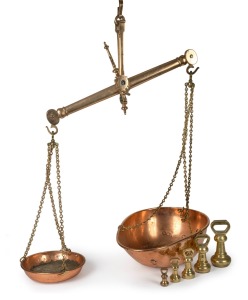 CHAPPELL & PARRY antique English brass and copper hanging scales with bell weights, stamped with the Imperial War Department broad arrow mark and dated 1874, weights range from 8oz to 7lb, 128cm high, the beam 65cm wide.