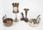 An antique silver plated trophy "North Fitzroy Bowling Club....1887", together with a silver plated vase with Aboriginal warrior figure, and two silver plated kookaburra bowls with two sifting spoons, 19th/20th century, (6 items), ​​​​​​​the largest 22cm 