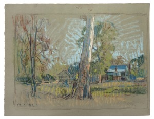 CHARLES WHEELER (1880- 1977), (farm scene), coloured pastel on paper, artist studio ink stamp signature lower left. sheet size: 28x36cm.