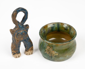 A green glazed pottery bowl signed "Carmel, Coolangatta"; together with a cat ornament, (2 items), the bowl 5cm high.