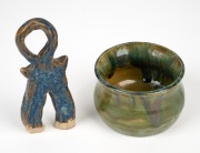 A green glazed pottery bowl signed "Carmel, Coolangatta"; together with a cat ornament, (2 items), the bowl 5cm high. - 2