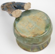 A green glazed pottery bowl signed "Carmel, Coolangatta"; together with a cat ornament, (2 items), the bowl 5cm high. - 3