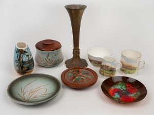 PARLIAMENT HOUSE CANBERRA three pieces of souvenir porcelain, pottery vase, vintage enamel bowls and trivet, plus Ellis pottery dish (A/F) and sugar bowl, 20th century, (qty).