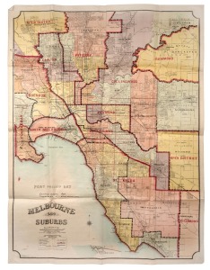MELBOURNE & SUBURBS canvas back folding map, circa 1923, ​​​​​​​109 x 82cm overall.