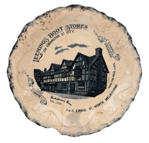 LEEMINGS BOOT STORES antique porcelain advertising plate, (A/F), 19th century, 26cm wide.