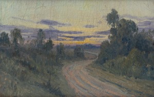 ARTIST UNKNOWN (Charterisville school), (country road sunset), oil on canvas, 29 x 44cm, 45 x 61cm overall. Provenance: Private Collection Melbourne.