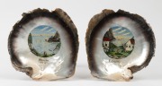 PITCAIRN ISLAND pair of antique folkart hand-pained pearl shell ornaments titled "BOUNTY BAR PITCAIRN" and "PITCAIRN", 19th century, 18cm high.