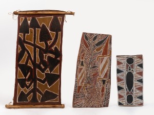 ARTIST UNKNOWN, group of three Aboriginal bark paintings, 20th century, ​​​​​​​the largest 46 x 22cm overall.