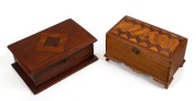 Two Australian timber boxes with inlaid specimen wood decoration, early to mid 20th century, ​​​​​​​26cm and 27cm wide.