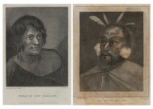 Two antique engravings titled: I.) Man Of New Zealand, II.) Woman Of New Zealand, published in London, ​​​​​​​29 x 22cm each, 43 x 34cm each overall.