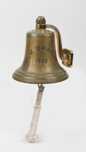 "M.V. ORANJE, 1949" ship's bell with mounting bracket and sailors knot handle, mid 20th century, 19cm high, 17cm diameter.