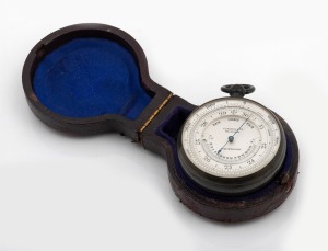 An antique pocket barometer/thermometer, retailed by Kilpatrick & Co. of Melbourne, housed in original fitted leather case, 7cm high overall including bow.