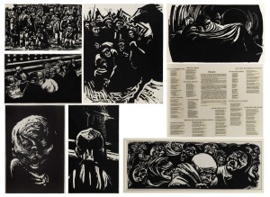 NOEL COUNIHAN: Eight linocut facsimiles from the artist's 1950s "War or Peace" folio, each archivally mounted and 47 x 37cm overall, with text of Jack Lindsay's poems on rear.