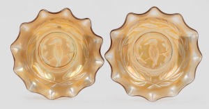 CROWN CRYSTAL "Kingfisher" pair of marigold carnival glass master bowls, 6.5cm high, 24cm wide.