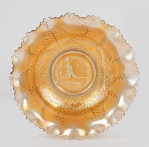 CROWN CRYSTAL "Kangaroo" marigold carnival glass master bowl, 8cm high, 25cm wide.