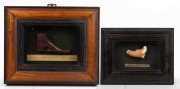 An Aboriginal crab claw pipe, Coorong, South Australia; together with an antique Australian blackwood pipe carved in the form of a boot, both attractively framed and mounted, 19th century, (2 items), the larger 23 x 29cm overall.