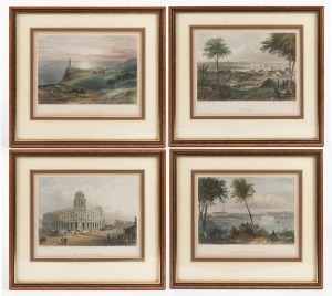 Four antique Australian scene coloured engravings: I.) Government House Sydney (by Skinner Prout), II.) Brisbane From Sout Brisbane (by J.C. Armytage), III.) Post Office Melbourne (by J.C. Armytage), IV.) Cape Otway, Victoria (by N. Chevalier), 25 x 28cm 