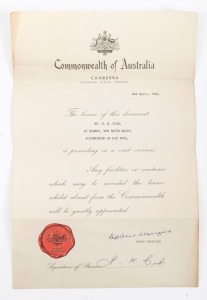 ROBERT MENZIES: Bold signature on 2nd April 1964 Commonwealth of Australia, Canberra, Australian Capital Territory letterhead, with printed "PRIME MINISTER" seal.