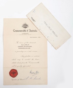 HAROLD HOLT: Signature on 22nd September 1966 Commonwealth of Australia, Canberra, Australian Capital Territory letterhead, with printed "PRIME MINISTER" seal and matching envelope featuring Commonwealth Coat of Arms. Holt's term as Prime Minister was bro