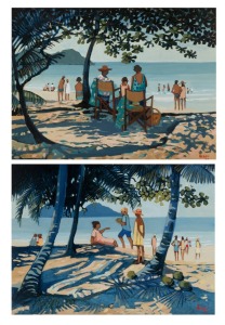 TANIA HEBEN, I.) (on the beach), II.) (coconuts), oil on canvas, both signed lower right "Heben, '88", ​​​​​​​44 x 60cm, 59 x 74cm each overall.
