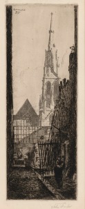 JOHN SHIRLOW (1869-1936), Spire of Wesley Church (from the Melbourne Set), dry point etching, signed lower right "John Shirlow" and titled verso, 33 x 14cm, 49 x 35cm overall.