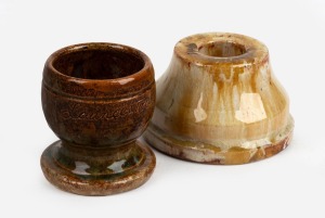 JOHN CAMPBELL rare pottery candle holder and eggcup, (2 items), incised "John Campbell, 1932", and "John Campbell, Launceston", 4.5cm and 5cm high.