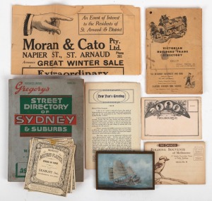MORAN & CATO double page newspaper advertisement, souvenir postcards of Melbourne including attractive Aboriginal cover, GREGORY'S Sydney street directory (18th edition), booklets and ephemera, plus a miniature painting of Chinese boats, (qty).
