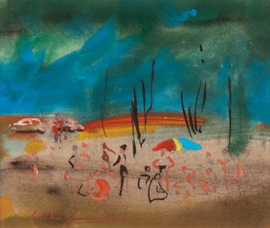 IAN ARMSTRONG (1923-2005), (the picnic), watercolour and gouache, signed lower left "Ian Armstrong", 21 x 25cm, 42 x 44cm overall.