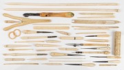 Assorted whalebone bodkins, crochet hooks, glove stretcher, knitting needle, implements etc., 19th century, (qty).