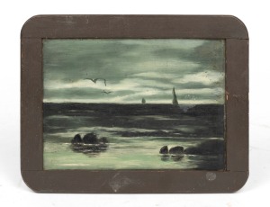 AMELIA BURROWS (1860-1927) (attributed), Tasmanian coastal scene, painted on slate with timber mounting, 17 x 22cm overall.