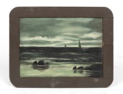 AMELIA BURROWS (1860-1927) (attributed), Tasmanian coastal scene, painted on slate with timber mounting, 17 x 22cm overall.