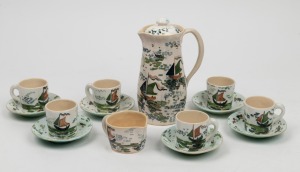 ARTHUR MERRIC BOYD pottery coffee set with hand-painted boating scenes, comprising of coffee pot, milk jug and six cups and saucers, (14 items), the pot incised "Arthur Merric Boyd", the largest 20cm high.