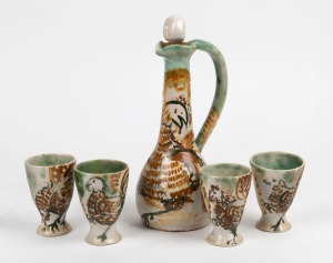ARTHUR MERRIC BOYD & JOHN PERCEVAL pottery wine jug and four matching beakers with hand-painted cockerel decoration, (5 items), signed "Arthur Merric Boyd, J. P. '46", the jug 26cm high.
